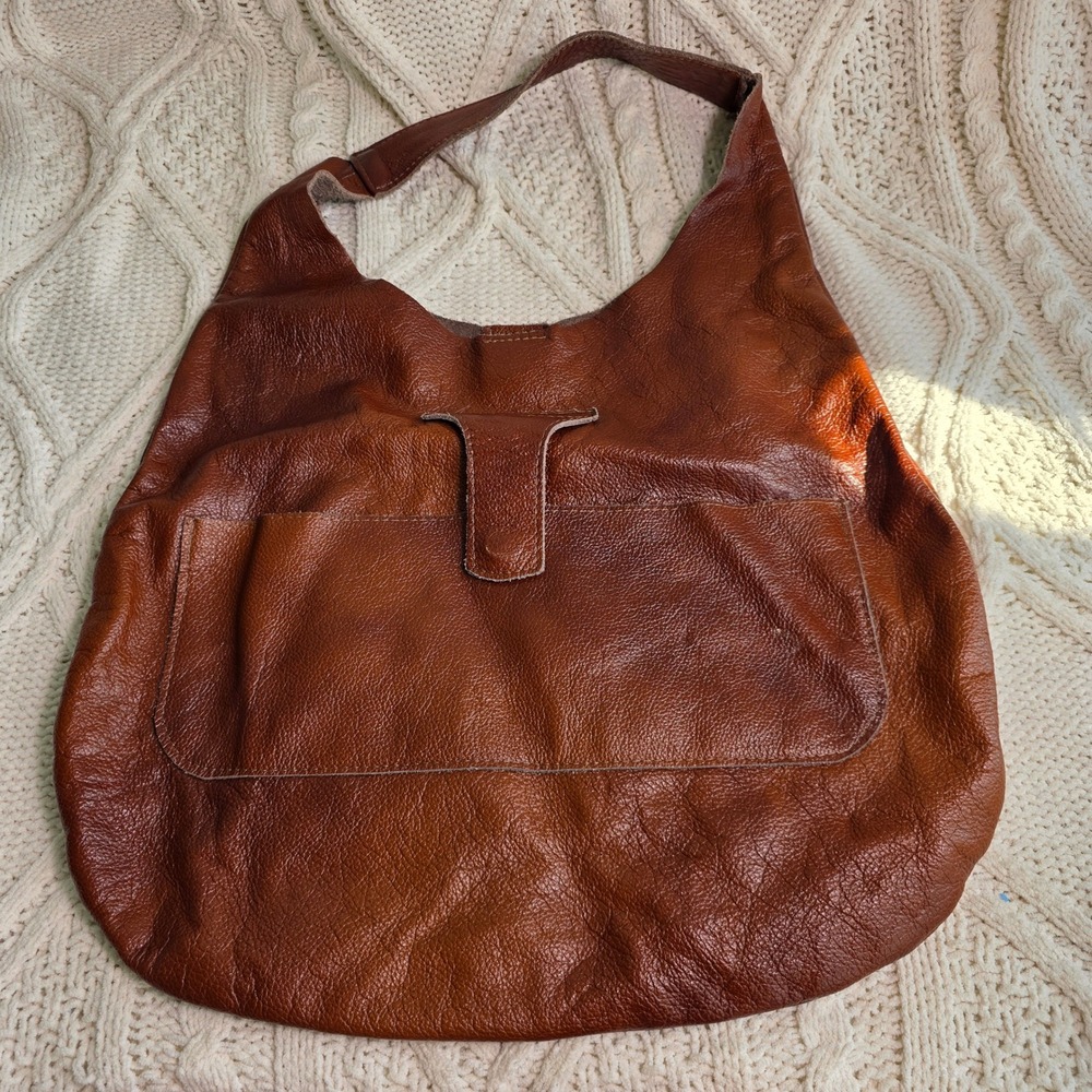 VTG Hobo Bag Brown Pebbled‎ Raw Leather Slouchy Shoulder Large 18x14 Purse